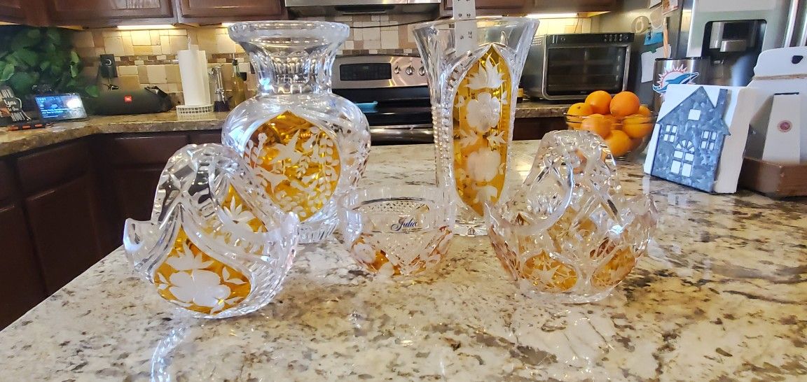 Julia 24% Leaded Crystal Vase/Bowl Set Of 5 - Made In Poland