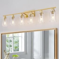 6 Light Gold Brushed Bass Bathroom Light Fixture Retails $154