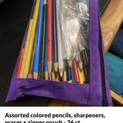Assorted colored pencils, sharpeners, eraser + zipper pouch - 36 ct