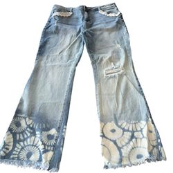 Reworked/Upcycled Denim Jeans Bootcut Bleached Distressed  Juniors Size 17   These reworked/upcycled denim jeans are a stylish and eco-friendly choice