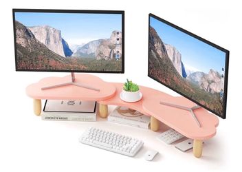 Dual Monitor Stand Riser, Adjustable Rainbow Cloud Desktop Organizer for 2 Monitors, Flexible Length & Angle Computer Stand for Laptop, PC, Printer, H