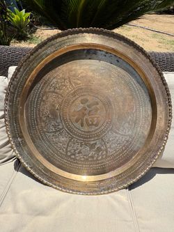 Vintage Large Round Handmade Brass Tray With Chinese Blessing for Good Fortune