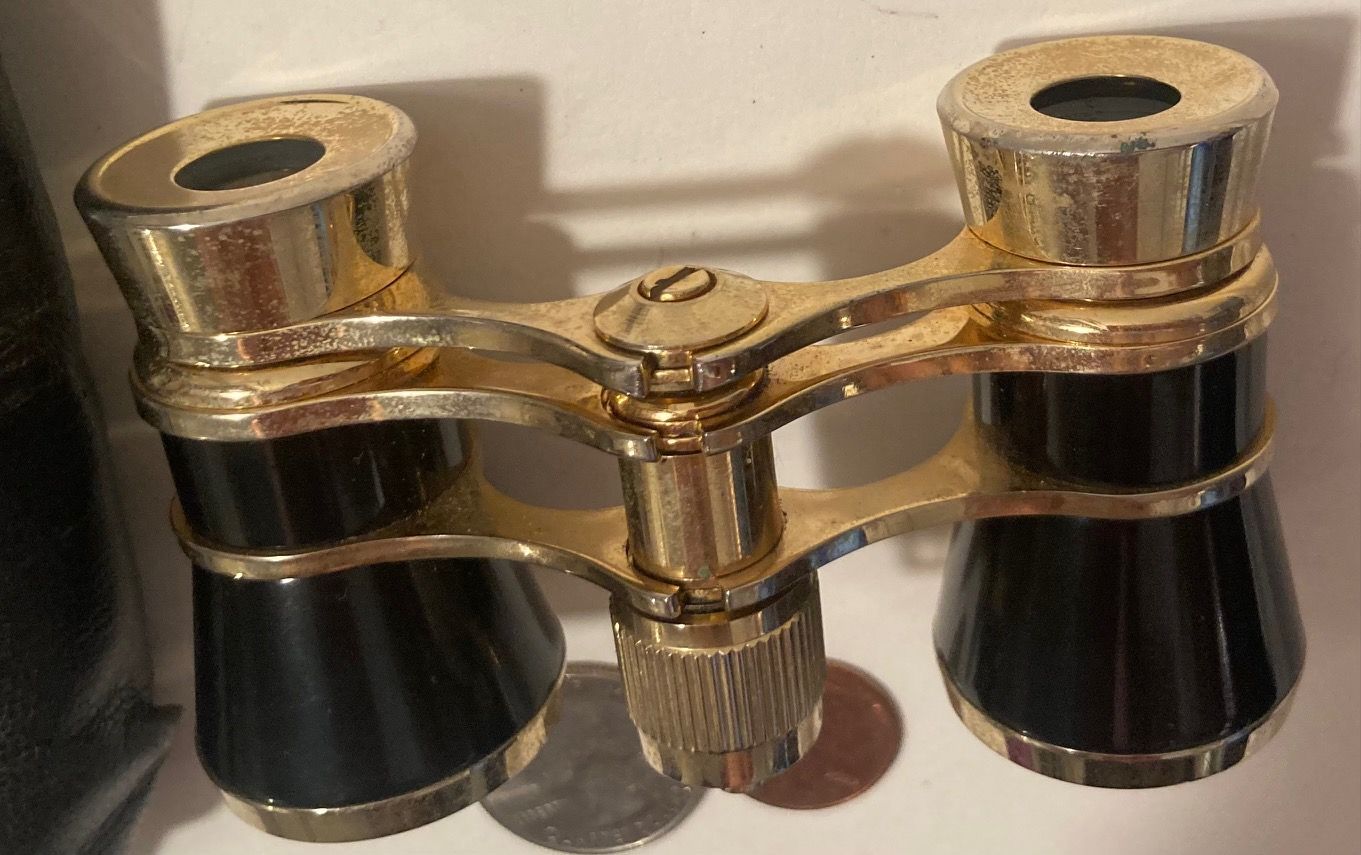Vintage Set of Brass Opera Glasses, Gold and Black, Leather Pouch, Quality, Binoculars, Bird Watching, Musicals