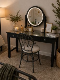 Elegant Black Glass-Top Vanity Set with LED Mirror, Power Access & Chair Included