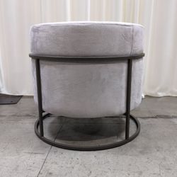 Gray Velvet Round Ottoman with Metal Base