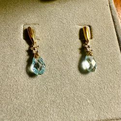 10K Gold Aquamarine Gemstone Earrings Diamonds 