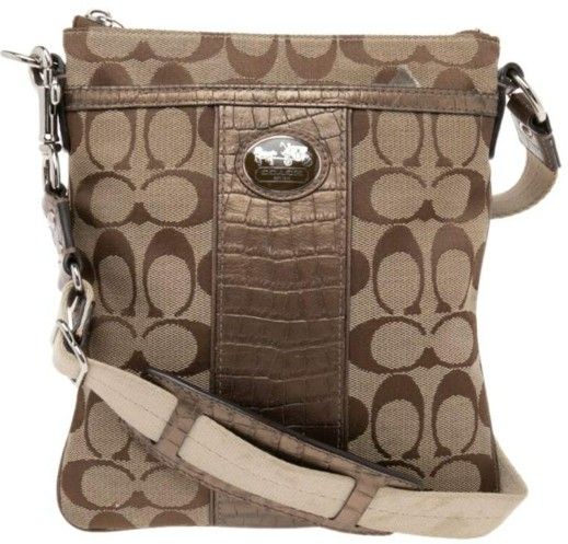 Coach Beige/Brown Signature Canvas and Croc Embossed Leather Swingpack Messenger Bag Purse Handbagu