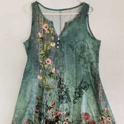 Womwn's Cute Teal Floral Sleeveless Tunic Dress Size L