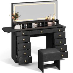Black Vanity with 11 Drawers, Power Outlet, and Stool (mirror not included)