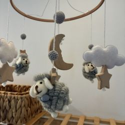 Handmade Sheep Cloud Baby Mobile (Grey/ White)