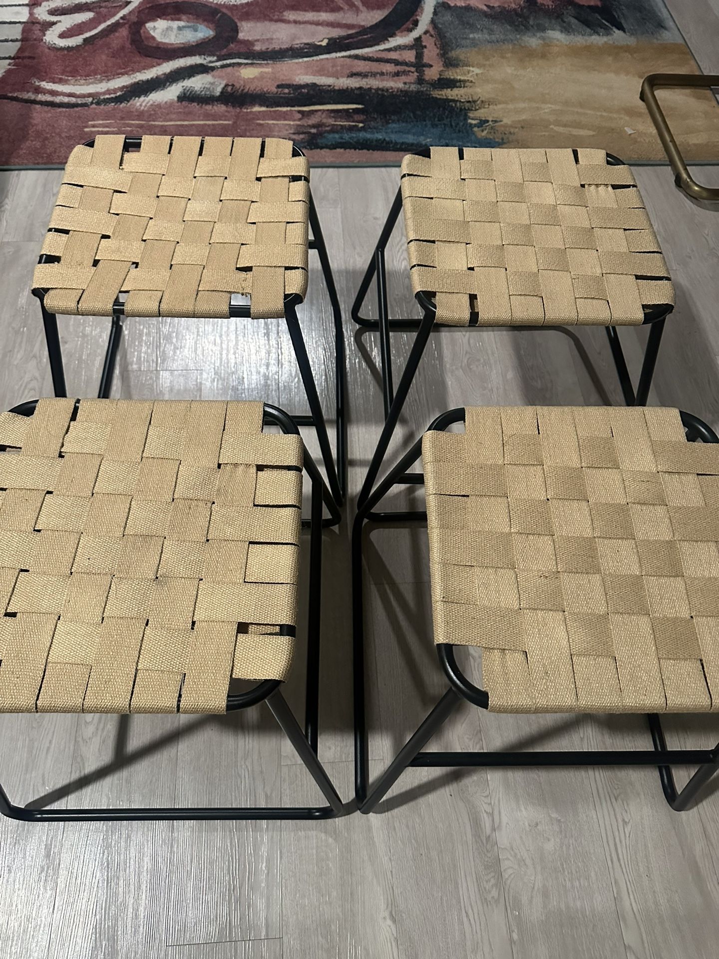 Set Of 4 Stackable Black & Woven Jute stools - Barely Used