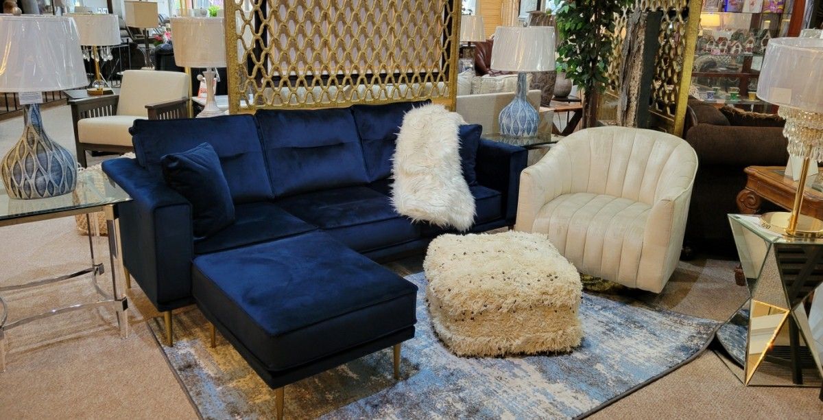Modern Navy Blue Sofa New Gold Legs