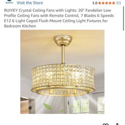 RUIYEY Crystal Ceiling Fans with Lights: 20" Fandelier Low Profile Ceiling Fans with Remote Control, 7 Blades 6 Speeds E12 6 Light Caged Flush Mount C