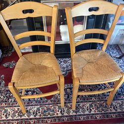 Pair of Solid Wood Ladder-Back Chairs – Woven Rush Seats