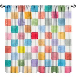 Retro Checkered Blackout Curtains Funny Cute Abstract Colorful Geometric Aesthet