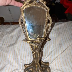 Antique Brass Mirror And Goddess Statue 
