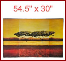 Large Framed Wood Wall Art 54.5" x 30" — African Savannah Sunset Print on Wood