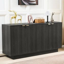 Four Door Storage Cabinet for Kitchen Area, Dark Gray Fluted