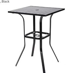 Patio Bar Table, Outdoor Bar Height Bistro Table with Umbrella Hole, Metal Frame and Slat Design, Black