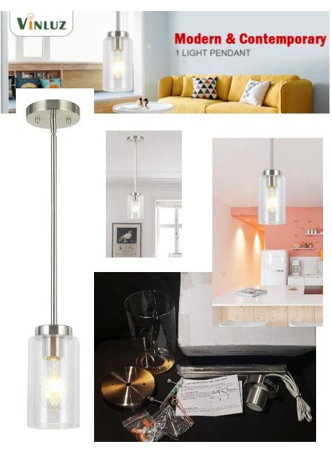 Glass Pendant Lighting Fixture- Brushed Nickel Adjustable Hanging Lamp