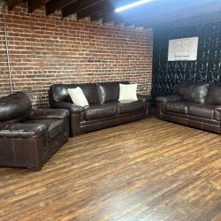 Delivery Available Dark Brown Leather 3 piece set couch loveseat & chair