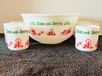 Mid Century Modern-Vintage Hazel Atlas Tom and Jerry Eggnog Bowl Set with 6 Mugs-Christmas-Milk Glass