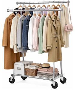 Heavy Duty Clothing Rack, Rolling Clothing Rack With Wheels, 550 LBS Double Rod Clothing Rack for Hanging Clothes with Shelves,Portable Garment Rack f