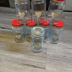 Set Of 8 Glass Jars With Gold Glitter Hearts 