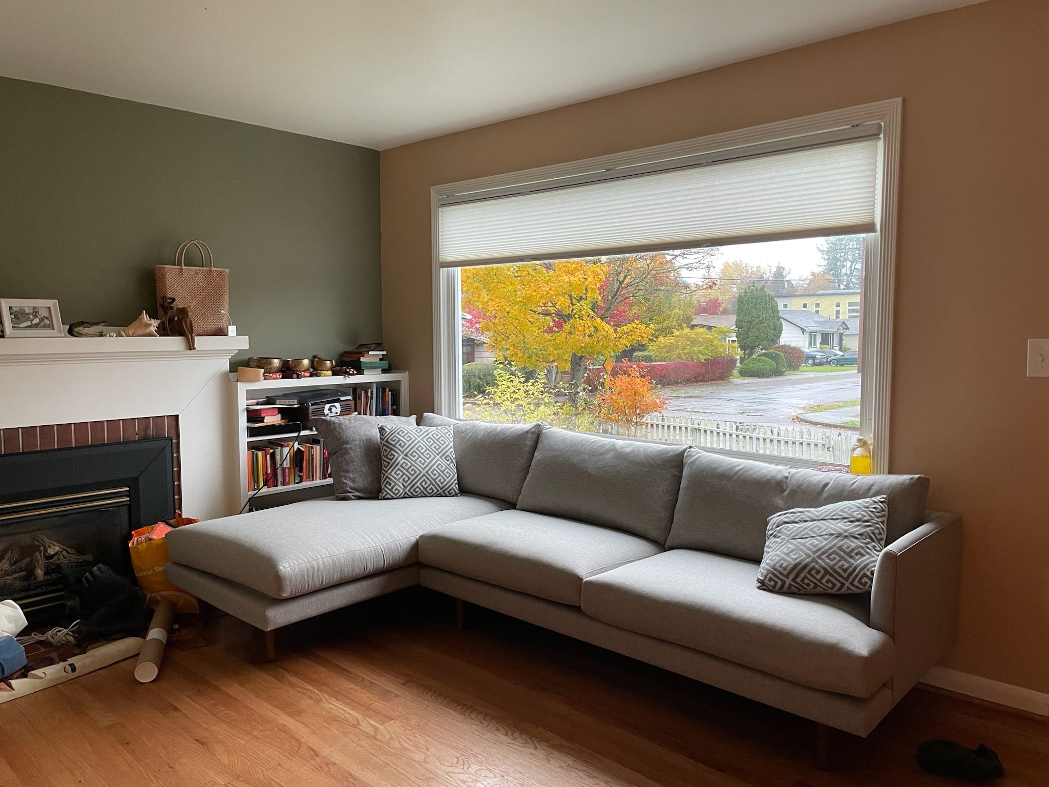 Article Burrard 112" Sectional - Seasalt Gray, Walnut Stain