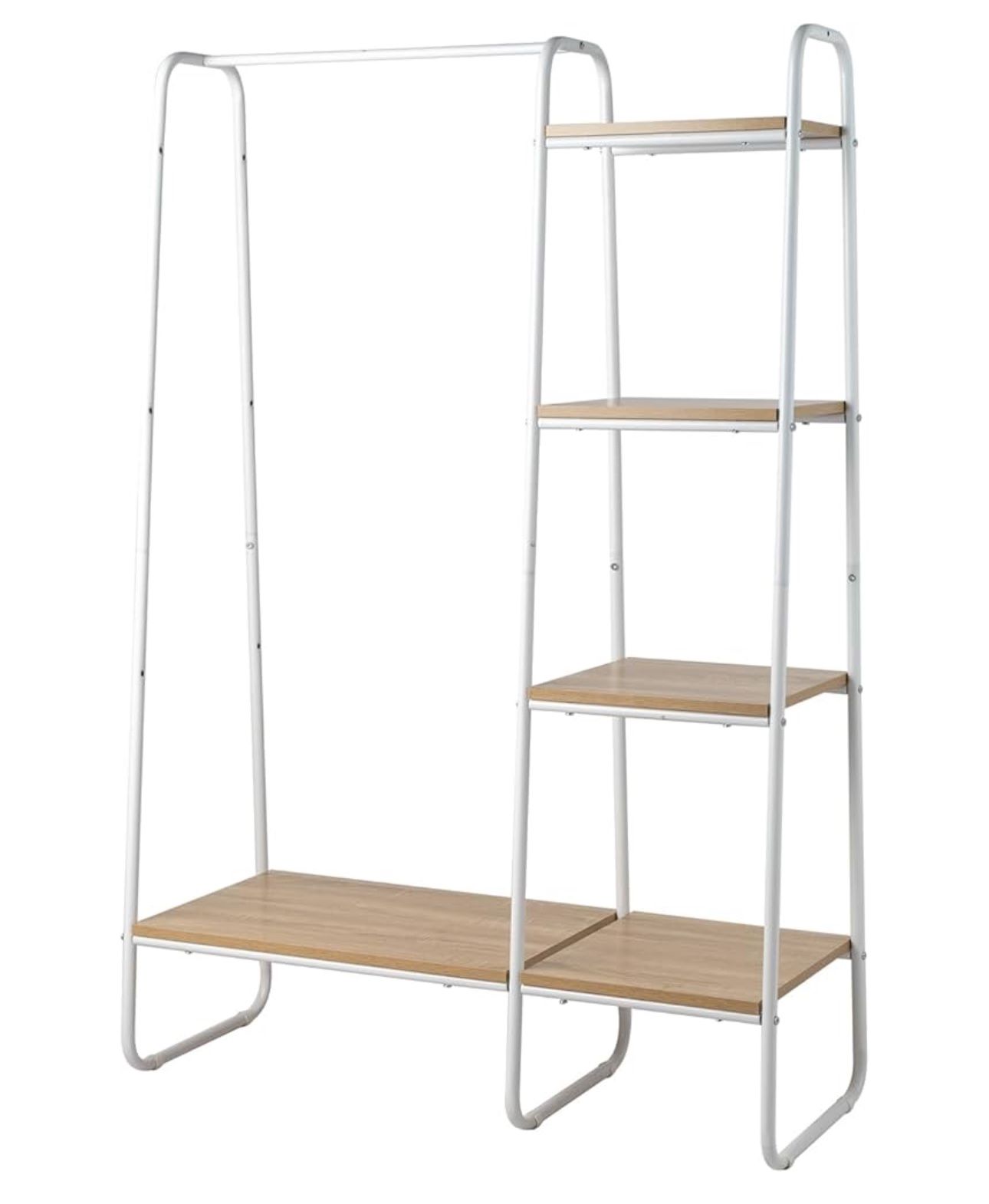 Freestanding Clothes Rack - Clothing Rack with Shelves - Heavy Duty Garment Rack with Hanging Bar - Metal Clothes Storage Rack with 5 Wood Shelves - P