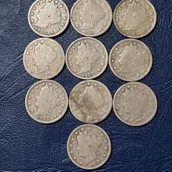 (10) Liberty “V” Nickels Various Dates