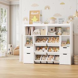 White Green 55" W Toy Storage Organizer with Drawers, Large Kids Toy Storage Box with Removable Bins, Tall Kids Bookshelf and Bookcase for Boys and Gi