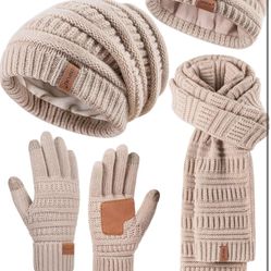 Womens Winter Beanie Hat Scarf Gloves Headband Set, Slouchy Beanie Ear Warmer Knit Scarf Touchscreen Gloves Warm 4 Gift Set