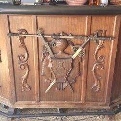 Vintage Wooden Bar with Knight & Sword Carvings