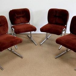 Vintage chrome cantilever dining room side chair furniture, 1970s, set of four (4)
