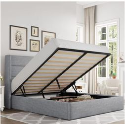 Queen bed Size Lift Up Storage Bed, Modern Wingback Headboard, Hydraulic Support, No Box Spring Needed, Light Grey