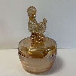 1940’s Jeannette Iridescent Luster Marigold Carnival Glass Poodle Vanity Jar/Trinket Dish