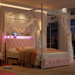 LED Canopy Bed Frame w/ USB Charging, Shelves & Storage Drawers – Modern Metal Frame 