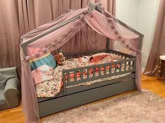 Kid’s twin Bed frame with trundle and custom canopy