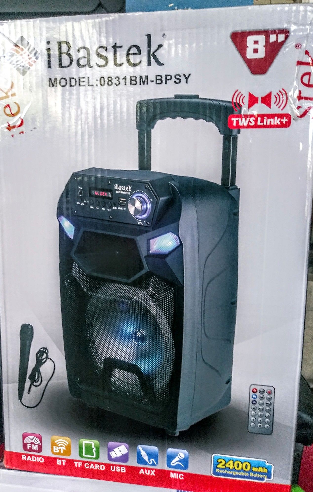 IBASTEK/ SPEAKER /FMRadio/ USB/ AUX. BLUETOOTH/ CONTROL REMOTE/ MICRÓFONO INC. / BATTERY RECHARGEABLE. EIGT INCH.