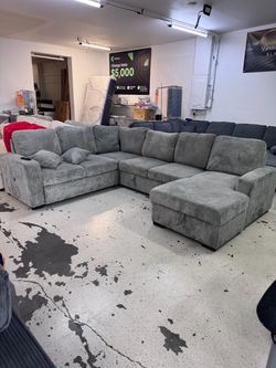 Sectional - Grey Corduroy - 120" W L Shape - Pull Out Sleeper + Storage - 7 Seater Sectional