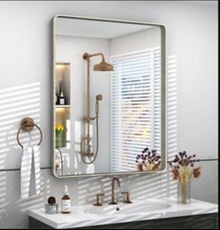 24x32 Inch Brushed Nickel Bathroom Mirror, Brushed Silver Metal Framed Wall 