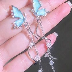 Blue Butterfly Silver And Crystal Earrings 