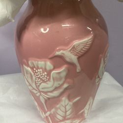 Pink Vase White Raised Flowers And Hummingbird