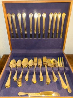 Vintage Gold-Tone Flatware Set in Wooden Case