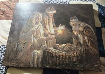 Porcelain Statue Of Baby Jesus & Mary & Lithograph Canvas Painting Of Baby Jesus, Mary, Joseph, & InnsKeeper 