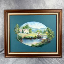 1998 Original Canvas Painting Country Farm Landscape Pond Bridge Framed 24x20