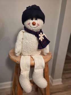 Decorative Snowman Plush Dangling Legs, Festive Plaid Scarf & Snowflake Accents