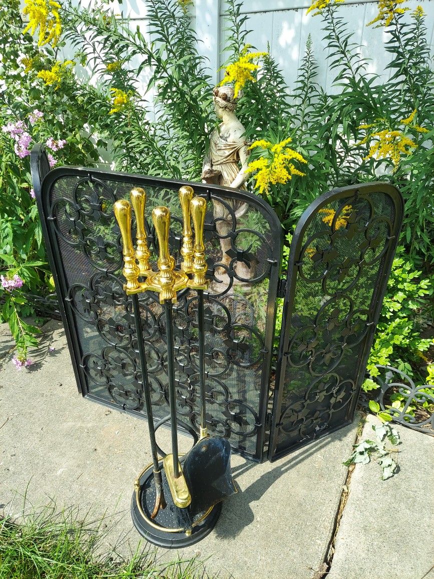 fireplace screen with tools