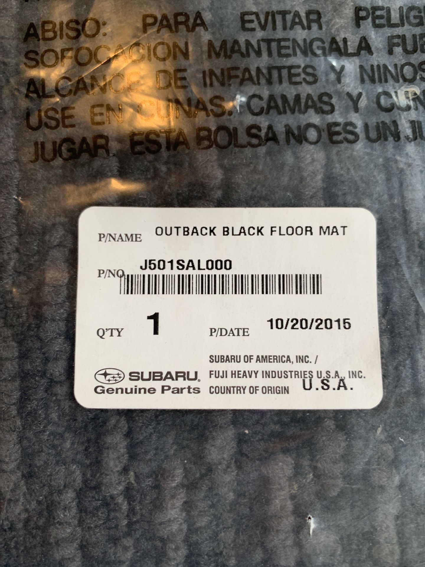 Subaru Outback (2015-2018) Black Carpet Floor Mats OEM = New in sealed bag = J501SAL000